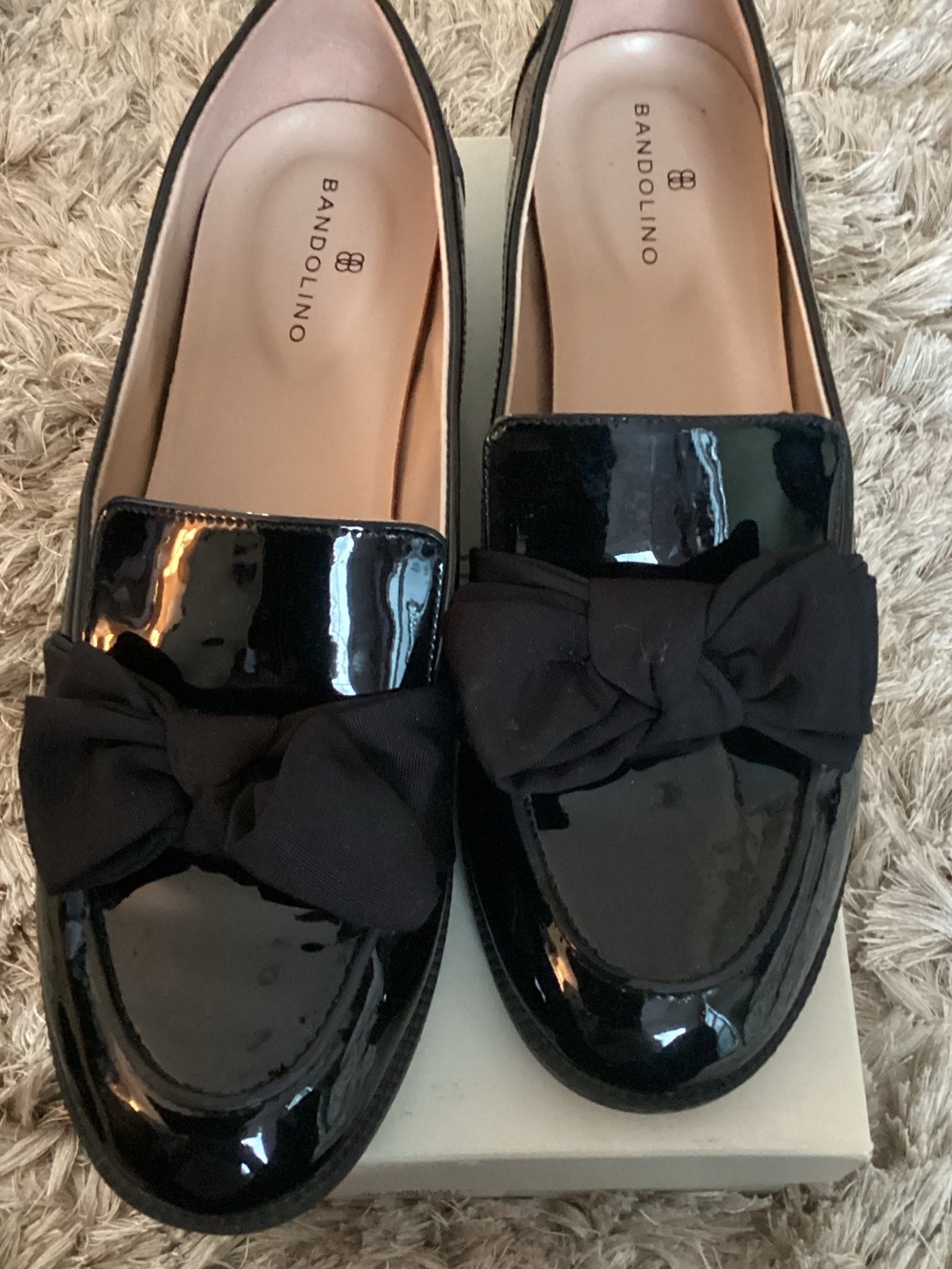 Bandolino Black Patent Loafers with Fabric Bow
